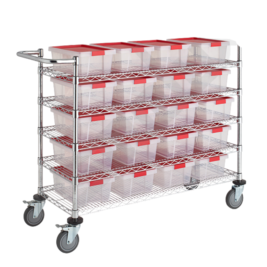 Carro de cromo con cajas plásticas tapa roja