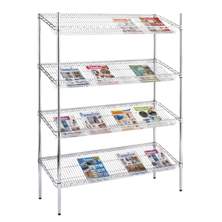 Estantería cromada con estantes inclinados