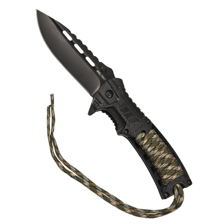 Navaja de una mano con estampado de camuflaje y cuerda de paracord con iniciador de fuego.