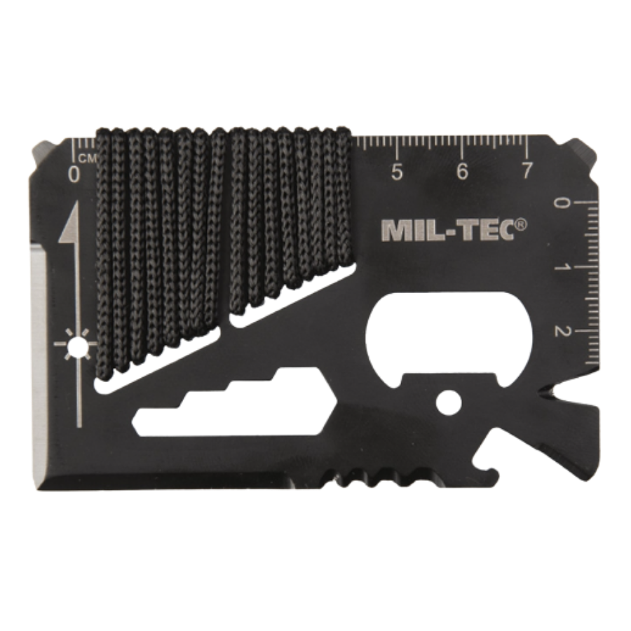 TARJETA DE HERRAMIENTAS DE SUPERVIVENCIA NEGRA CON PARACORD Y ESTUCHE