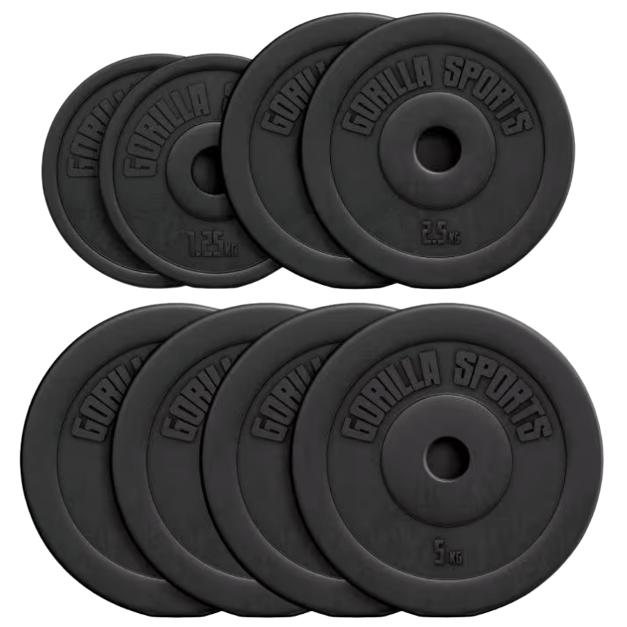 Gorilla Sports Kit Discos Musculación Negro Vinilo 2x1,25 Kg 2x5Kg 4x5Kg