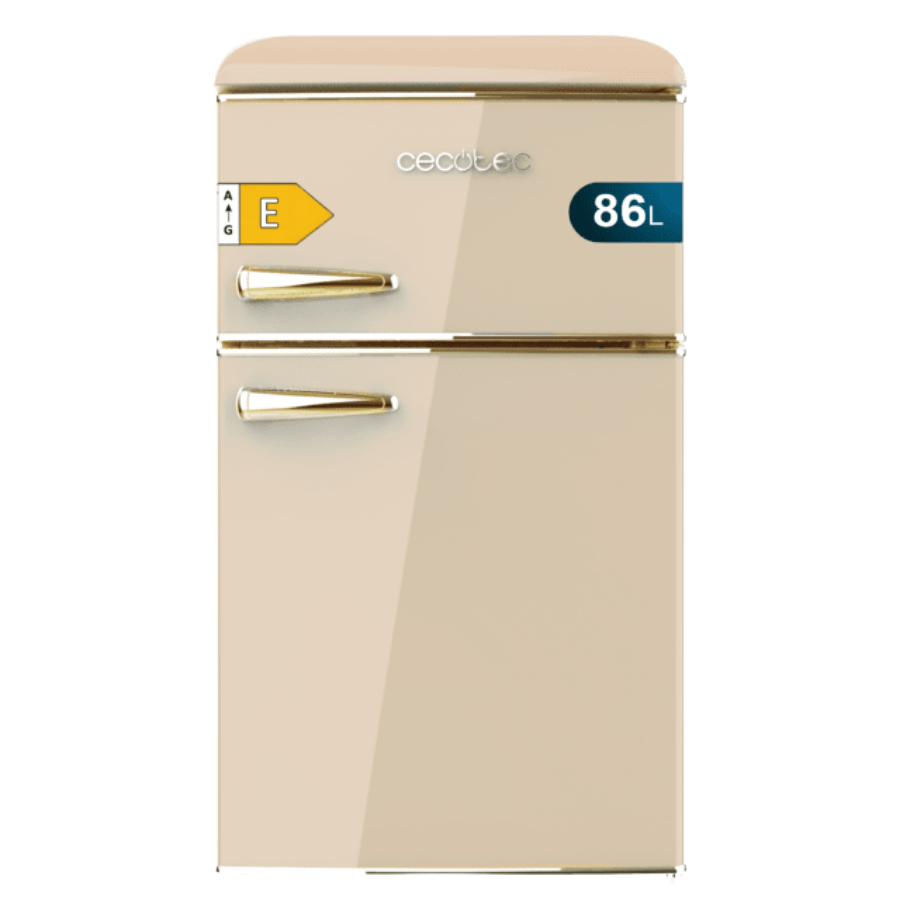 Bolero CoolMarket 2D Origin 86 Beige E Mini frigorífico retro de dos puertas beige de 89,3cm de alto y 48,7 de ancho con capacidad de 86L, clase energética E, LED interior y tirador cromado gold.