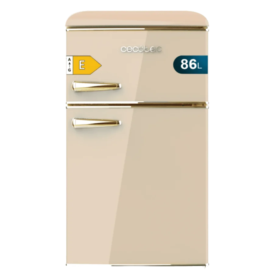 Bolero CoolMarket 2D Origin 86 Beige E Mini frigorífico retro de dos puertas beige de 89,3cm de alto y 48,7 de ancho con capacidad de 86L, clase energética E, LED interior y tirador cromado gold.