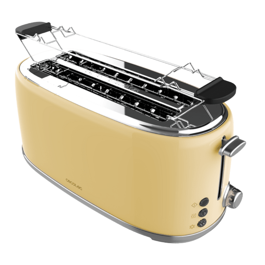Toast&Taste 1600 Retro Double Beige Tostadora de acero con 2 ranuras anchas largas y con capacidad para 4 tostadas