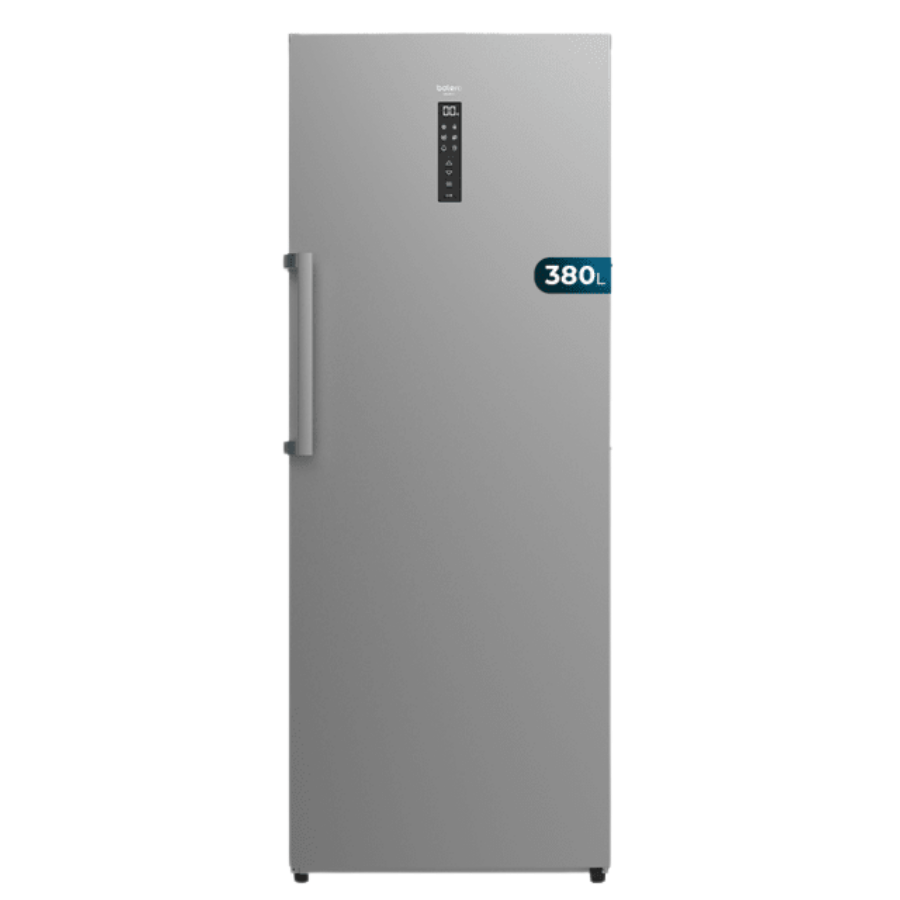 Bolero CoolMarket UF 380 inox D Congelador vertical convertible a frigorífico con capacidad de 380 Litros, 185.5cm de alto y 71cm de ancho, compresor inverter de bajo consumo, display en puerta, acabado inox, NoFrost, clase energética D