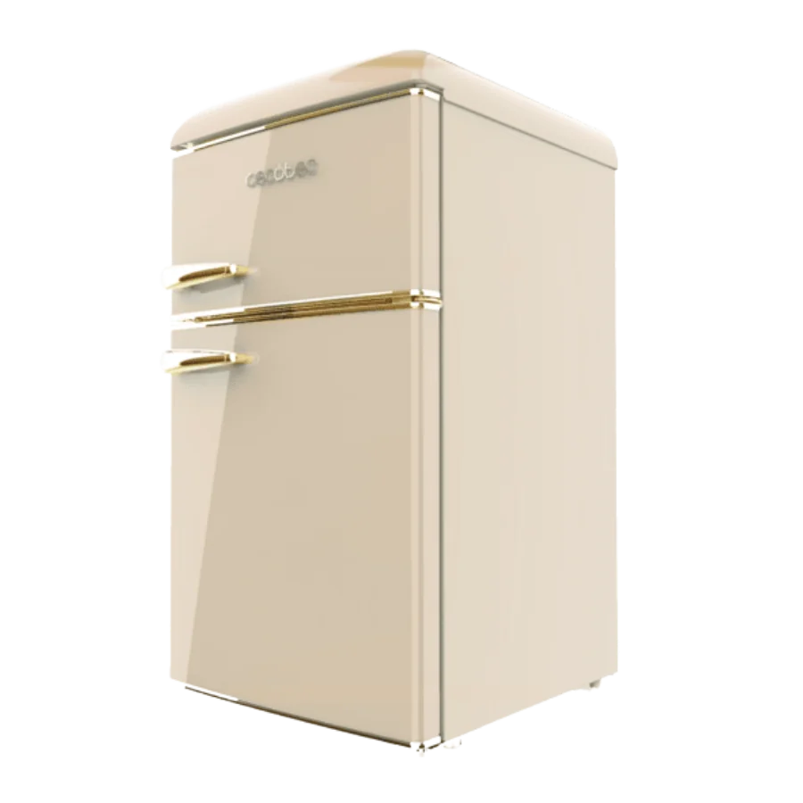 Bolero CoolMarket 2D Origin 86 Beige E Mini frigorífico retro de dos puertas beige de 89,3cm de alto y 48,7 de ancho con capacidad de 86L, clase energética E, LED interior y tirador cromado gold. - Imagen 2