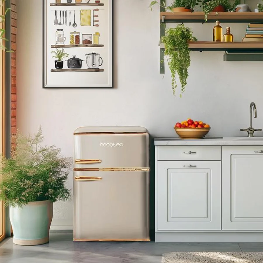 Bolero CoolMarket 2D Origin 86 Beige E Mini frigorífico retro de dos puertas beige de 89,3cm de alto y 48,7 de ancho con capacidad de 86L, clase energética E, LED interior y tirador cromado gold. - Imagen 3