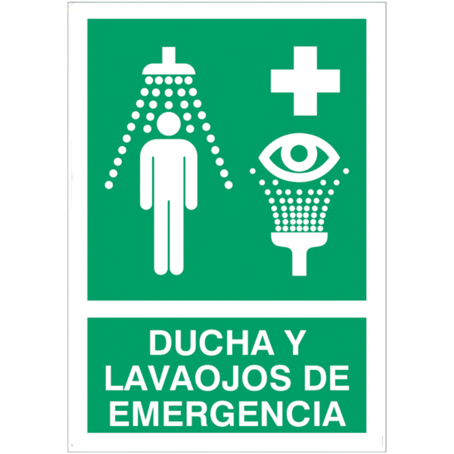 Señal de evacuación combinada con texto "Equipo de lavaojos - Ducha de seguridad"