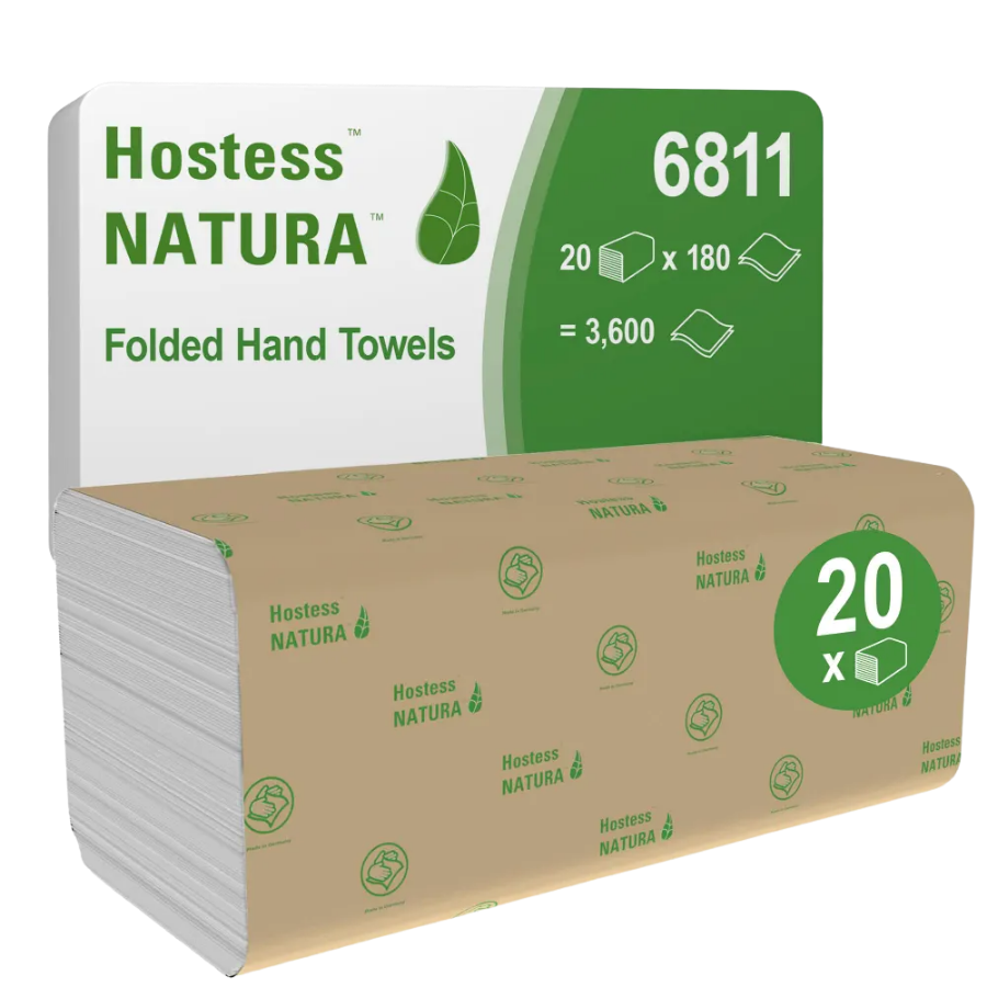 Hostess™ NATURA™ Toallas secamanos plegadas 6811: 20 paquetes x 180 hojas de 2 capas, blanco