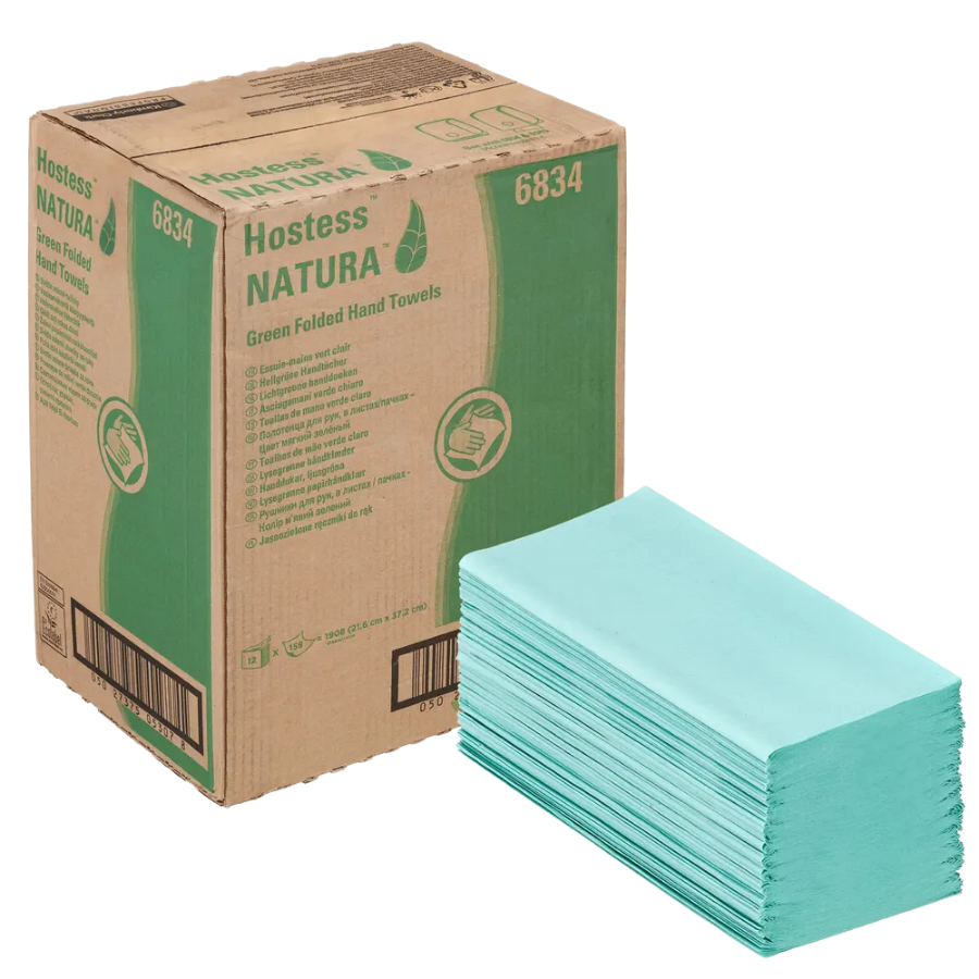 Secamanos plegados verdes Hostess™ NATURA™ 6834 - Papel desechable interplegado - 12 paquetes x 318 papeles