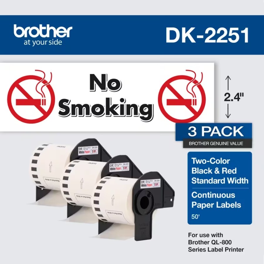 Etiquetas de repuesto Brother originales DK-22513PK, 2.4” x 50 pies, (3) rollos por caja